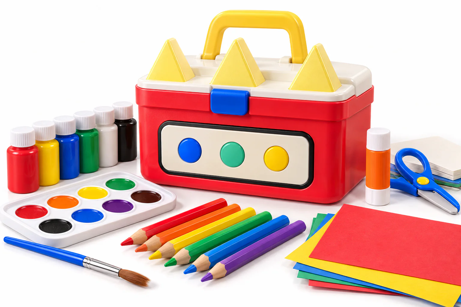 Colorful children's art kit with paints, pencils, paper, and scissors