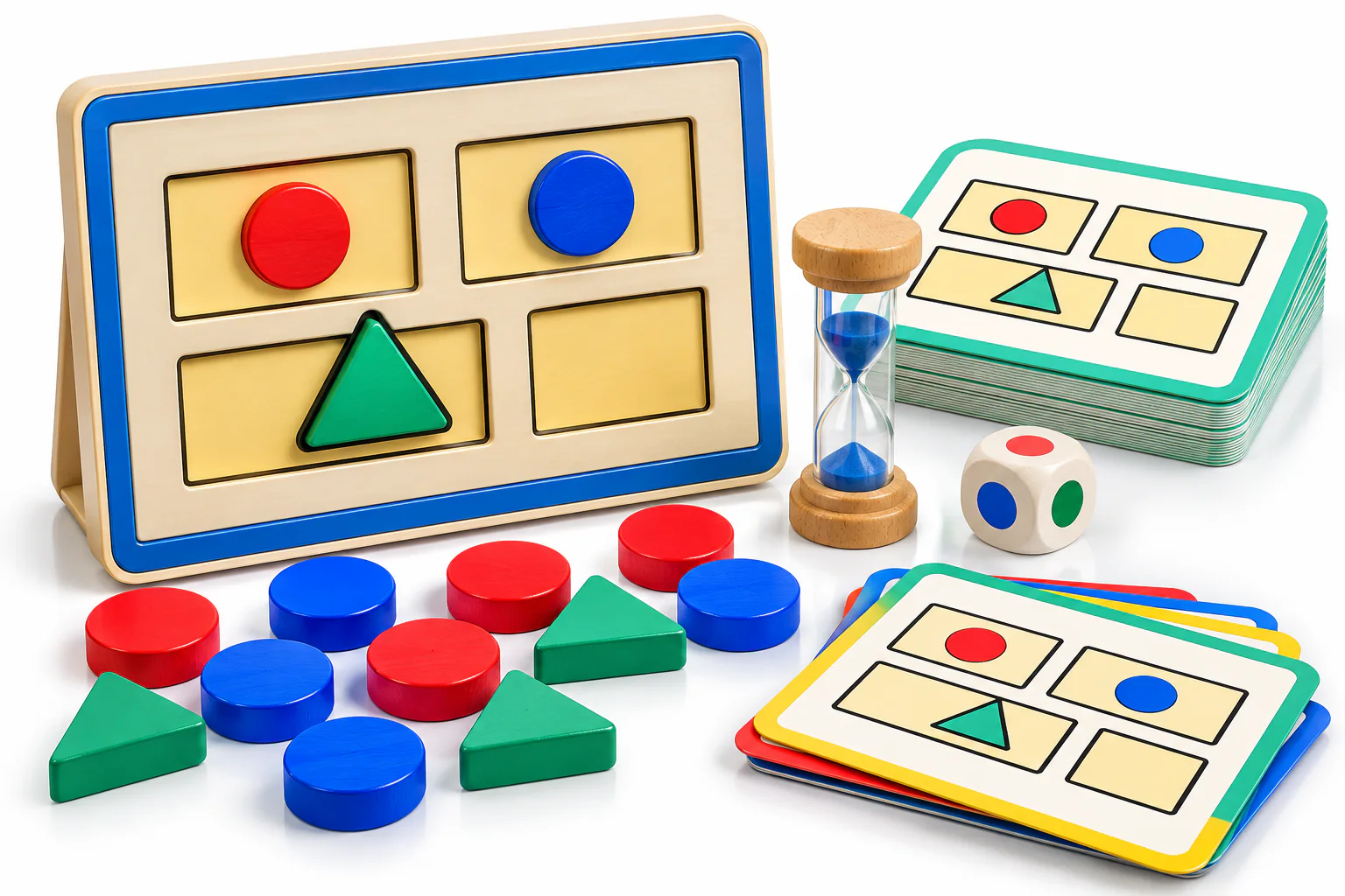 Cooperative tabletop matching game with colorful pieces, cards, a timer, and a die