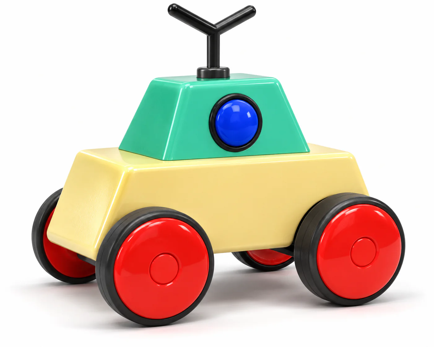 Colorful build-your-own toy rover with red wheels and a black antenna