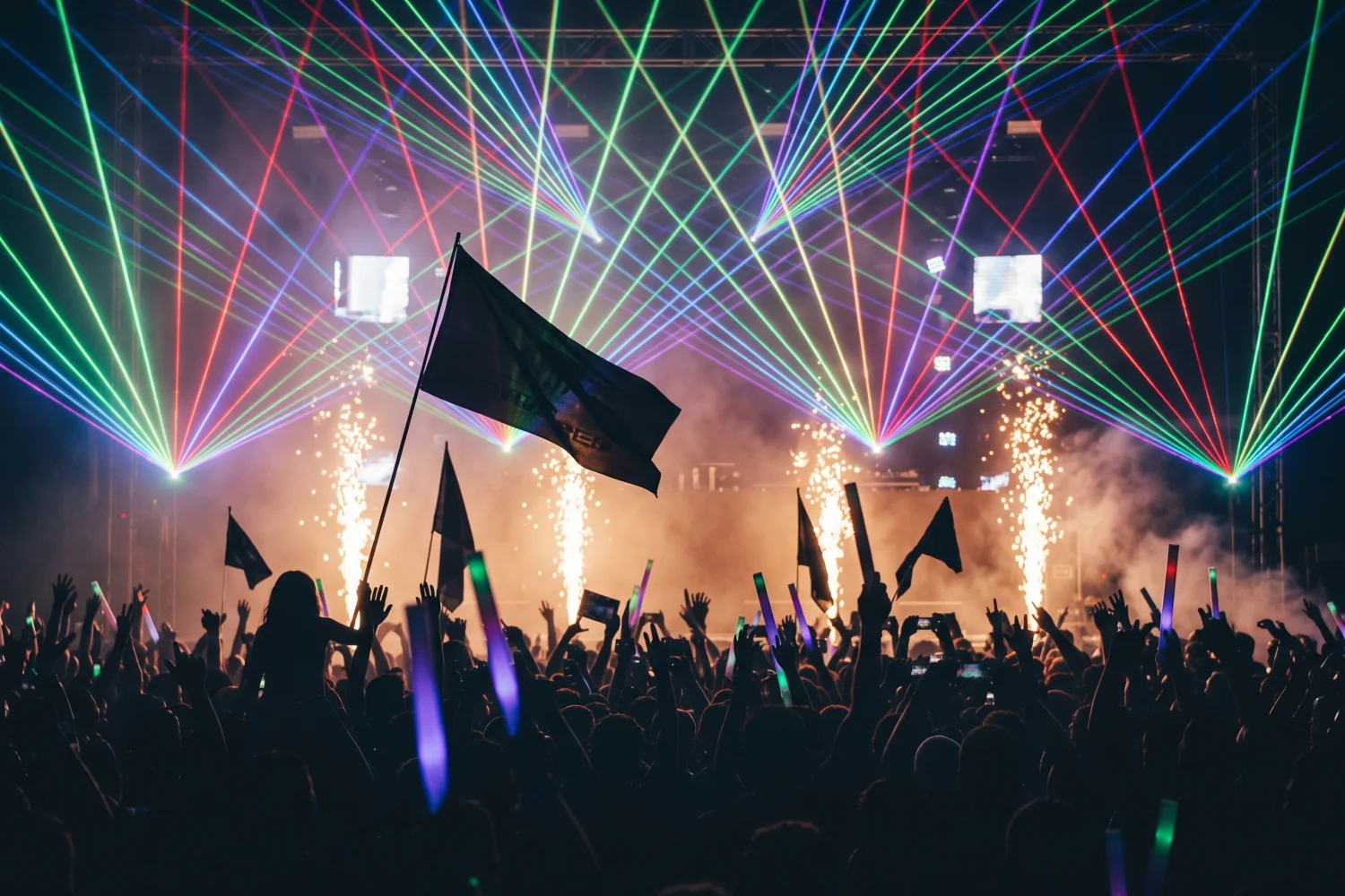 Colorful laser beams and pyrotechnics sweeping above a festival crowd